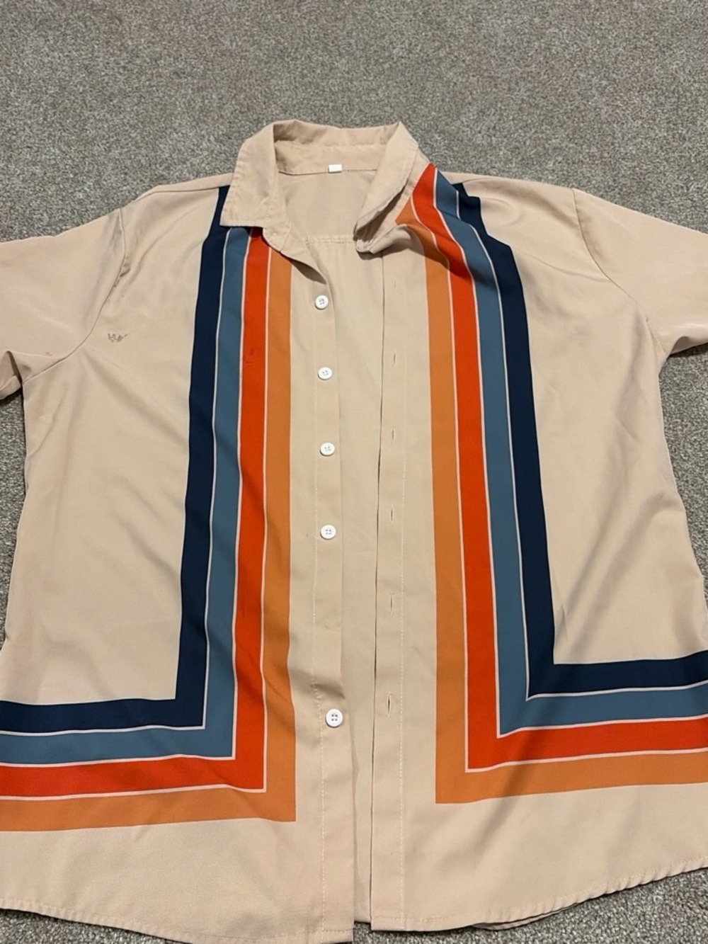 Men's Beige Short-Sleeve Button-Down Shirt with Multicolor Stripe Panels